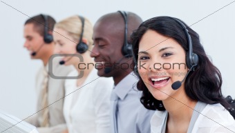 A diverse business team talking on headset 