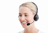 Positive businesswoman with headset on 