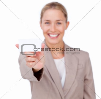 Confident businesswoman holding a white card