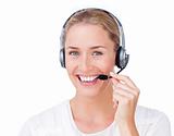 Smiling customer service representative using headset 