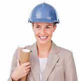 Close-up of a female architect wearing a hardhat 