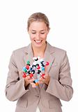 Confident businesswoman looking at a molecule 