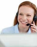 Young customer service agent with headset on