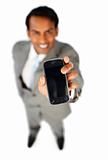 Enthusiastic businessman showing a mobile phone 
