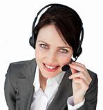 Close-up of a businesswoman talking on a headset 