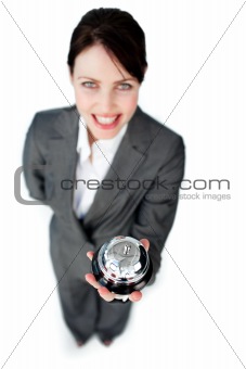 Charming caucasian businesswoman showing a service bell