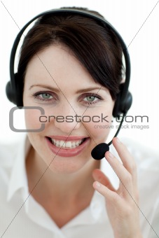 Smiling customer service agent with headset on 