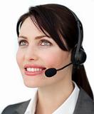 Bright customer service agent using headset
