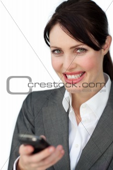 Positive businesswoman using a mobile phone