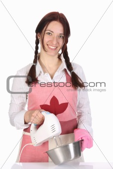 beautiful housewife preparing with kitchen mixer 