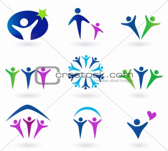 Community, network and social icons - blue, green and pink