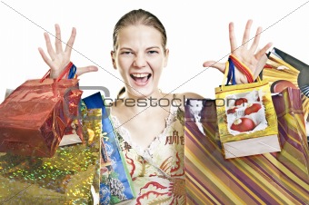 exalted woman with shopping bags