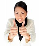 Attractive asian businesswoman with thumbs up