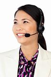 Young Asian customer service representative using headset