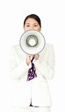 Stressed businesswoman holding a megaphone
