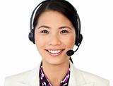Smiling customer service representative using headset