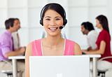 Cheerful Customer service representative with headset on 