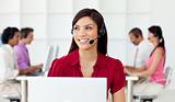Jolly Customer service representative with headset on 