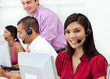 Positive Customer service representative using headset 