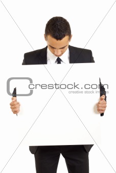 businessman holds blank sign