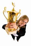  businesswoman winning a gold trophy