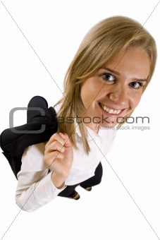 happy businesswoman with coat on shoulder