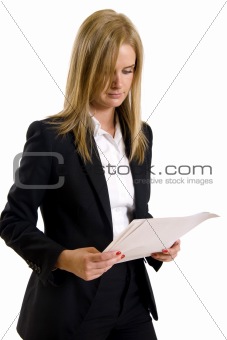 Serious woman read document