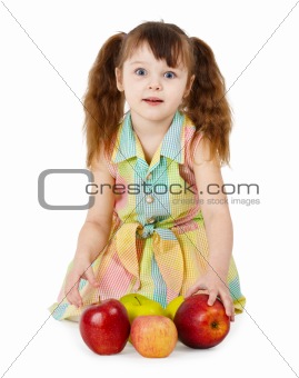 Emotional surprised girl with apples sit on white