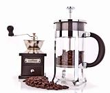coffee grinder and coffee beans with cafetiere