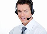 Cute customer service agent using headset