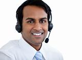 Positive sales representative man with an headset