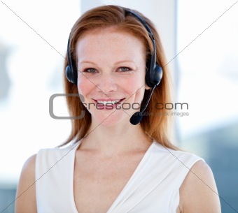 Caucasian sales representative woman with an headset