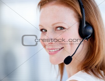 Cute sales representative woman with an headset