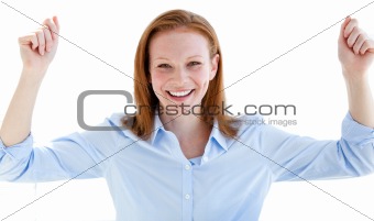 Portrait of a nice business woman punching the air