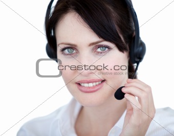 Radiant sales representative woman with an headset
