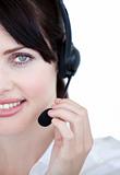 Close-up of sales representative woman with an headset 