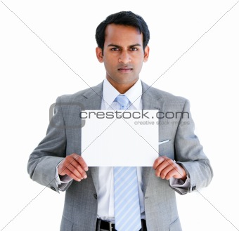 Confident businessman showing a note
