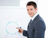 Smiling businessman pointing at a white board 