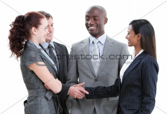 Jolly business partners shaking hands standing 
