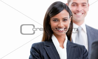 Smiling young business people standing in a row 