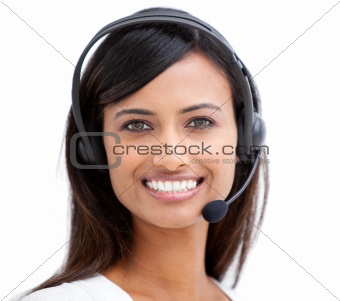 Cheerful businesswoman with a headset