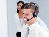 Confident customer service representatives standing in a line