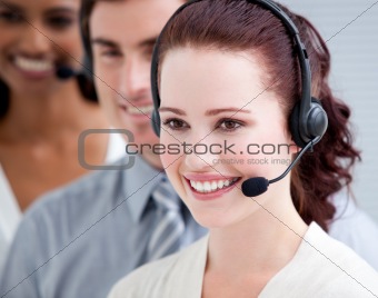International customer service representatives standing in a lin