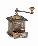 Old coffee grinder with coffee beans isolated