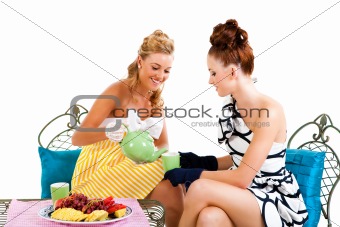 Two Young Women Having Tea - Isolated