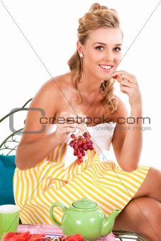 Young Woman Eating Fruit - Isolated