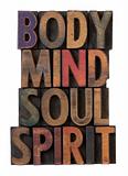 body, mind, soul, spirit in old wood type