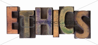 ethics word in vintage wooden letterpress type