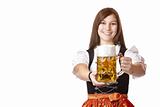 Young Bavarian woman holds Oktoberfest beer stein