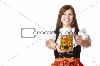 Young Bavarian woman holds Oktoberfest beer stein